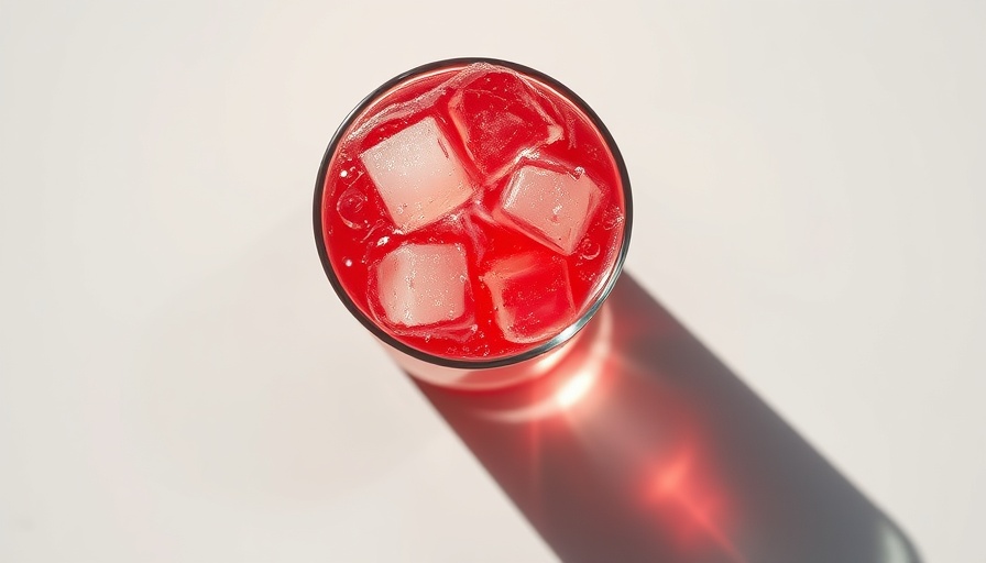 Refreshing red drink with ice cubes, highlighting effervescence on white surface, energy drink context.
