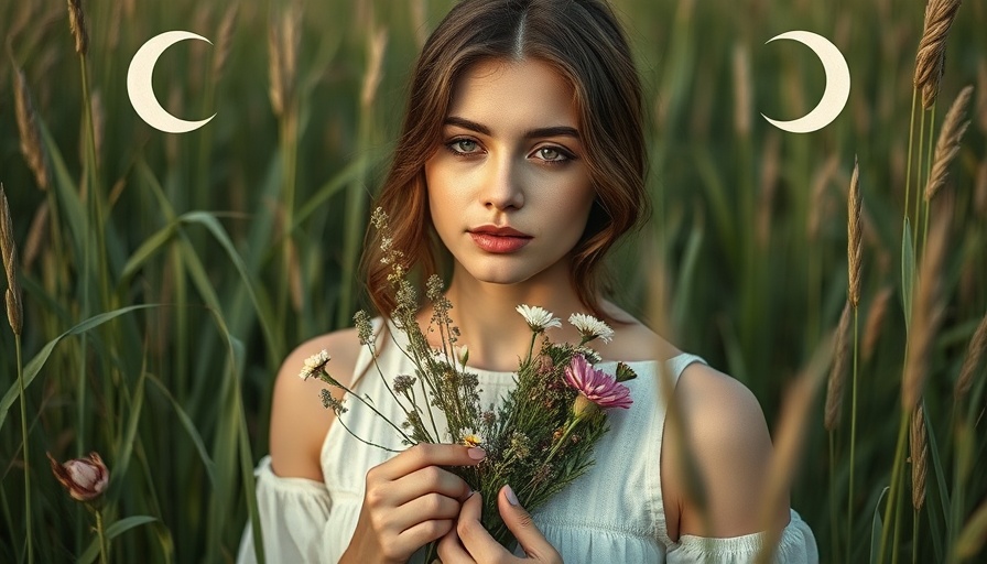 Tranquil woman with flowers and crescent moons, highlighting Gemini Super New Moon health insights.