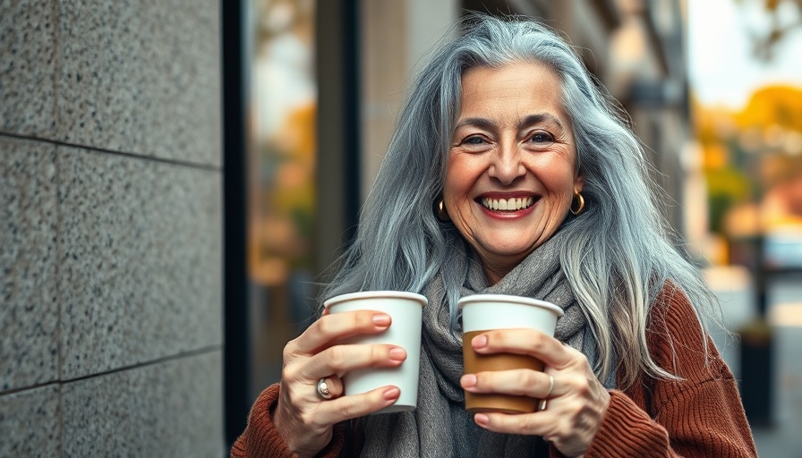 Older woman smiling joyfully on a city street, holding coffee.