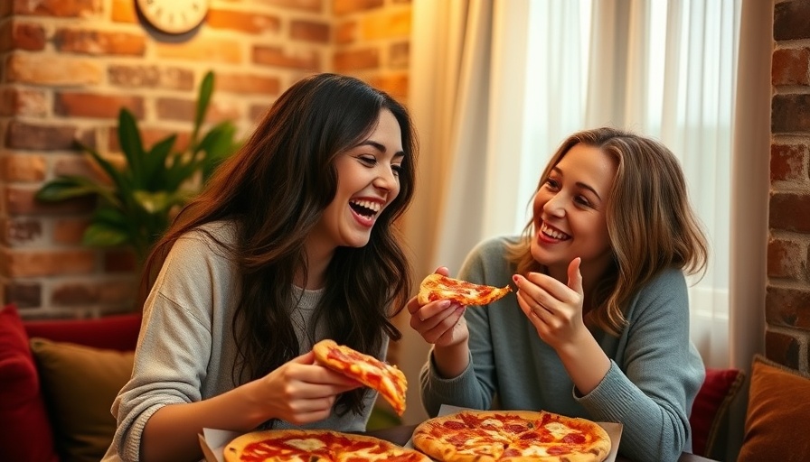 Two women enjoying pizza together indoors, discussing how gut health can curb cravings.