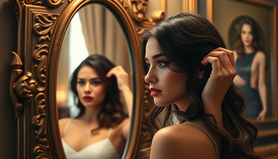 Confident woman with curly hair adjusting in the mirror, warm lighting.