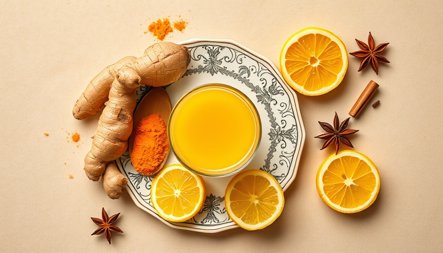 Immunity boosting drink with ginger and lemon on a decorative plate.