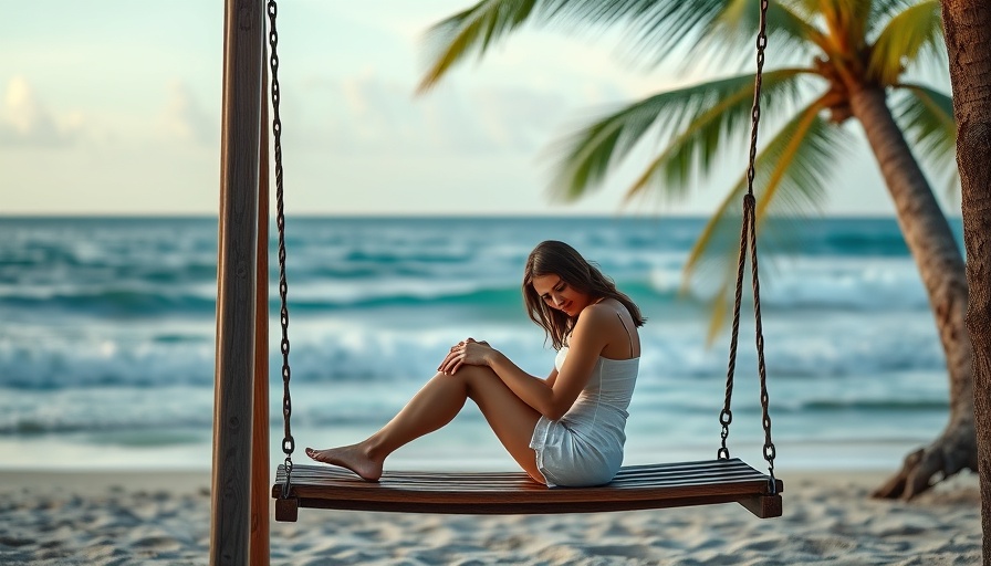Peaceful woman on swing, June health horoscope theme by the beach.