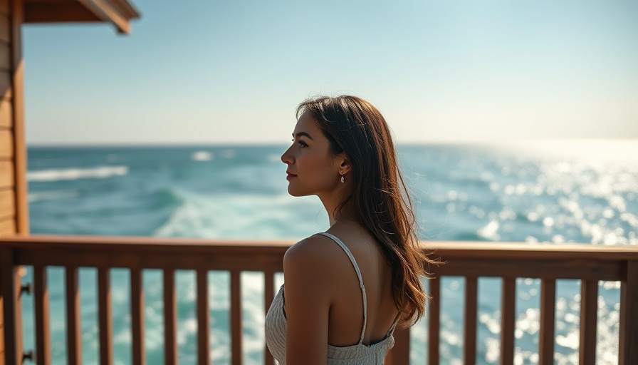 Young woman overlooking ocean from a wooden deck, serene scene