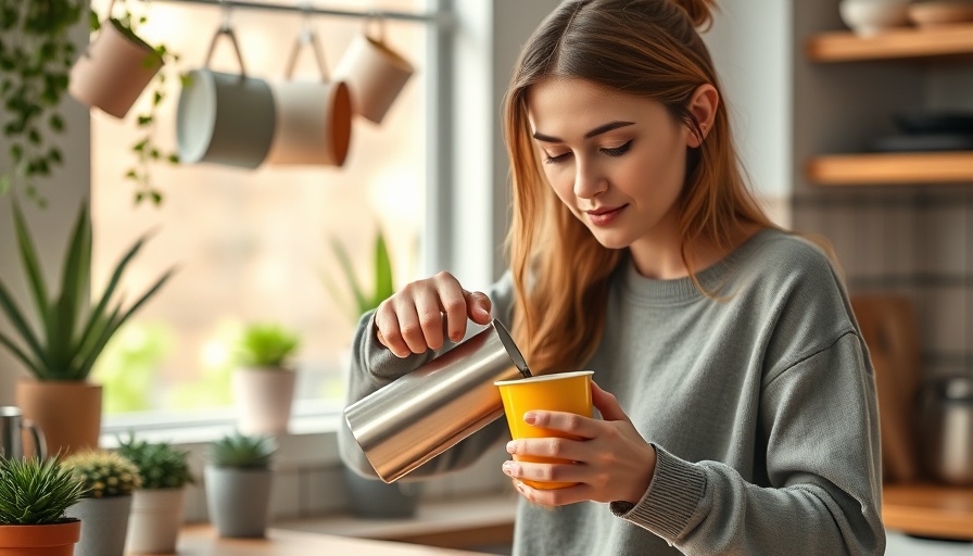 Woman pouring coffee in cozy kitchen, caffeine and healthy aging theme.