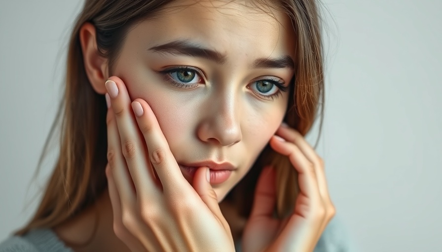Concerned woman touches skin, beauty products irritating skin.