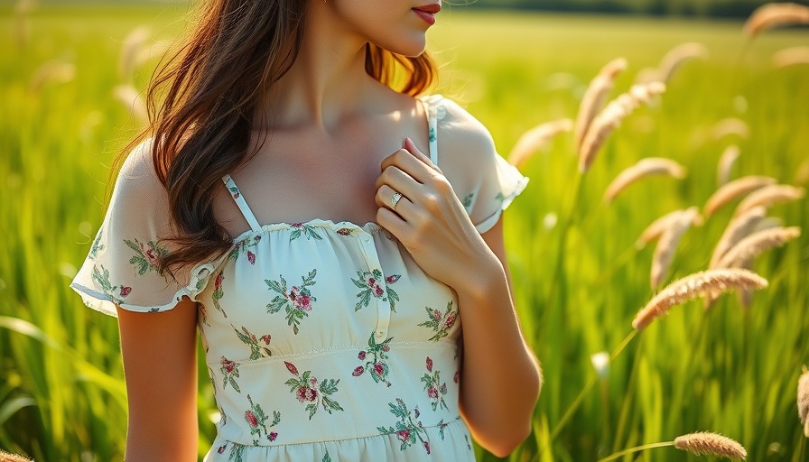 Woman in floral dress in grassy field adjusting strap.