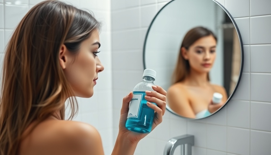 A woman using mouthwash after meals in a modern bathroom setting.