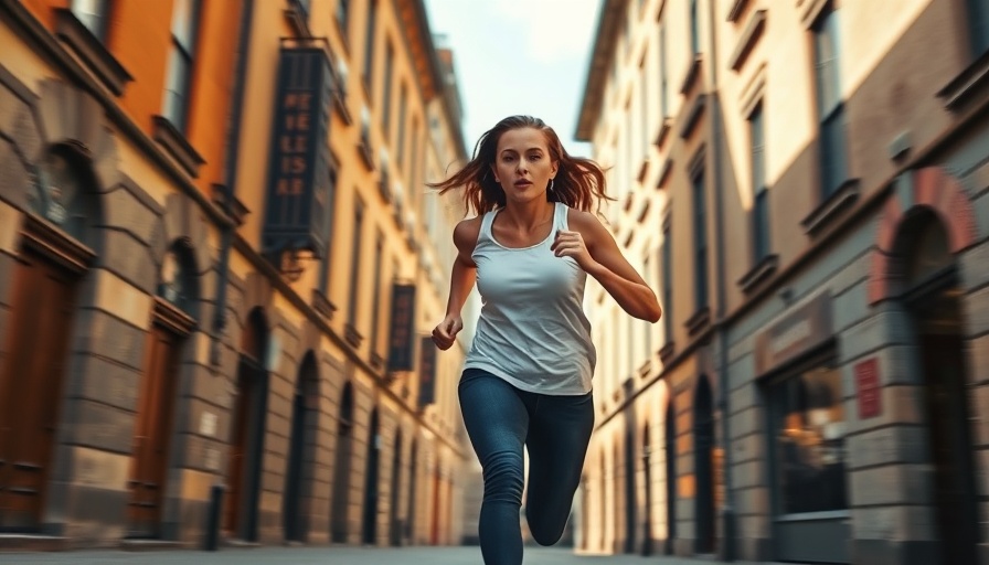Woman running energetically in urban alleyway, highlighting nutrition and injury prevention.