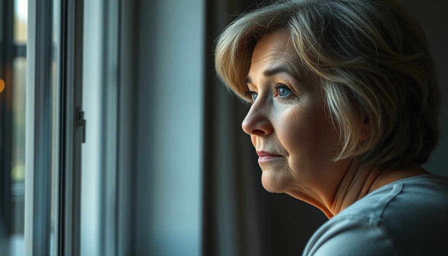 Middle-aged woman reflecting by window, linked to dementia prevention habits.