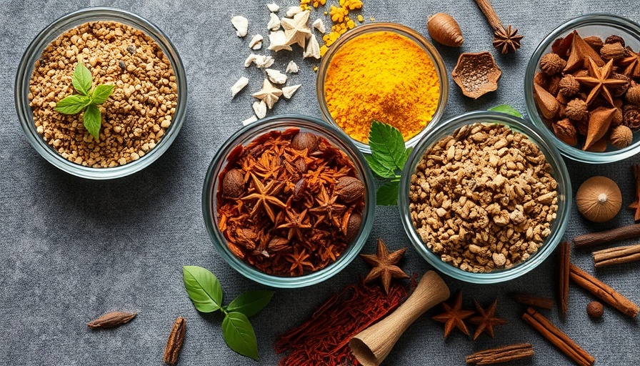 Assorted healthy herbs and spices in glass bowls on grey fabric.