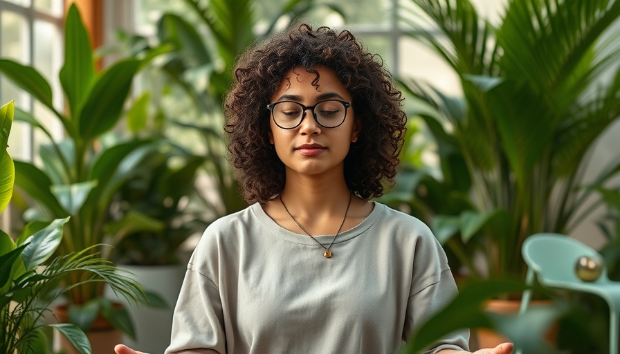 Calm woman meditating in indoor garden, connecting with something greater.