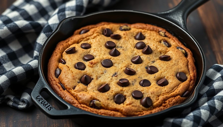 Protein-packed chocolate chip skillet cookie in a cast iron skillet.