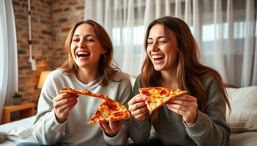Two young women eating pizza, laughing in a cozy bedroom setting.