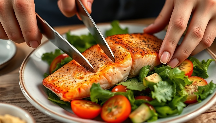Hands cutting salmon fillet with green salad, promoting oily fish heart disease prevention.
