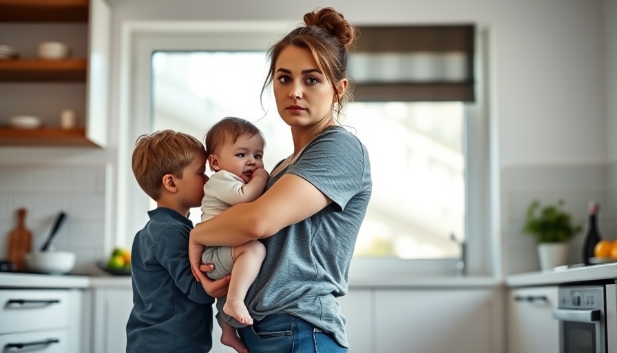 Thoughtful mother with children in modern kitchen, bright lighting.