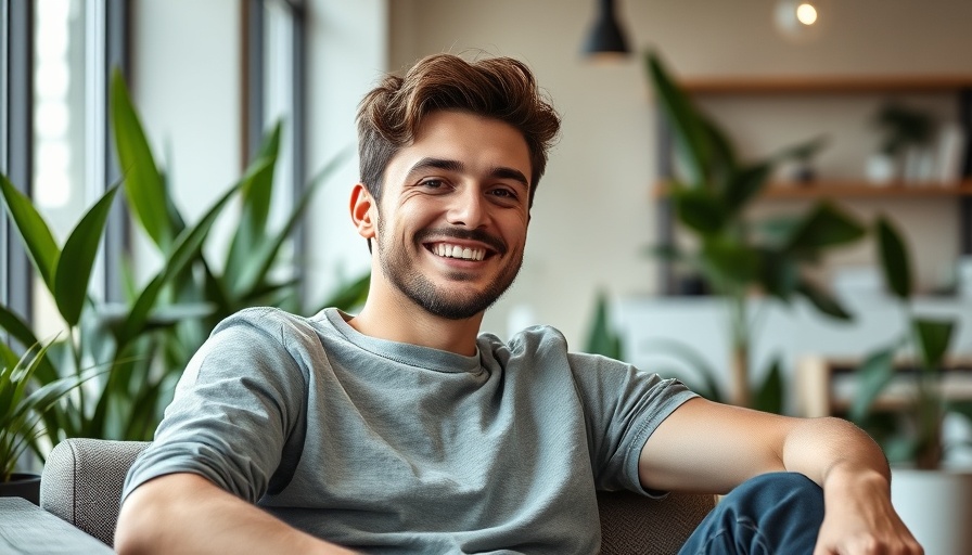 Friendly young man smiling indoors, optimize neurotransmitters for mental health.
