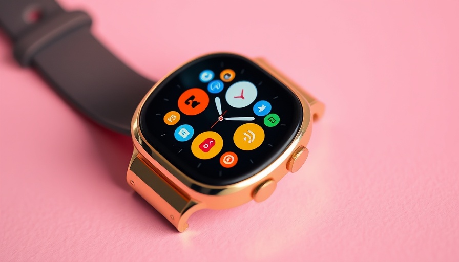 Modern smartwatch with colorful app icons on pink background.