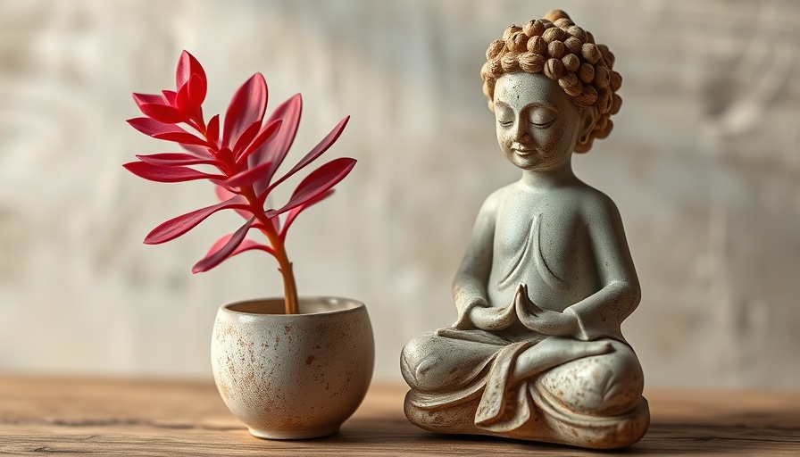 Ceramic statue with red succulent, Saturn remedies theme.