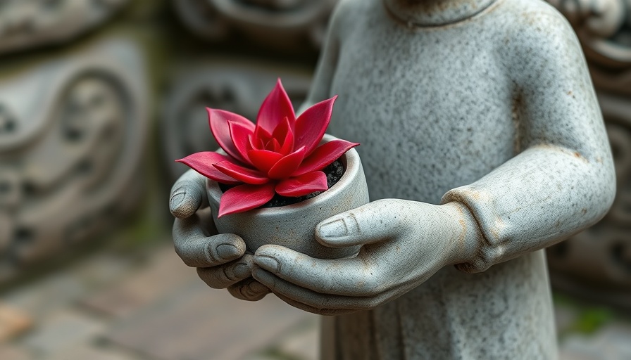 Stone statue holding pot with succulent, symbolizing tranquility and Rohini Nakshatra.