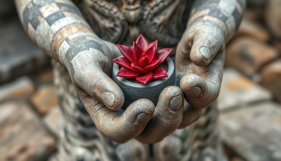 Stone sculpture holding red succulent pot in serene atmosphere.