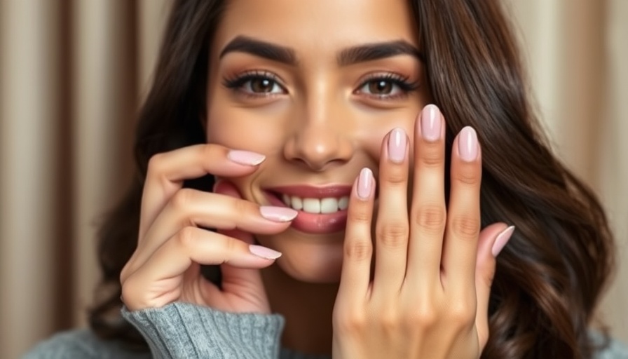 Woman displaying an at-home manicure against beige curtains.