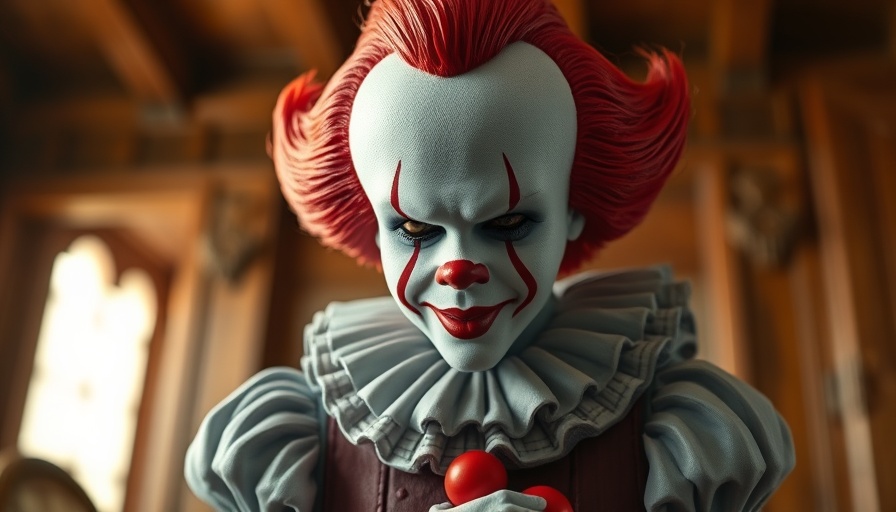 Pennywise figure holding a wig in a wooden room, Welcome to Derry.