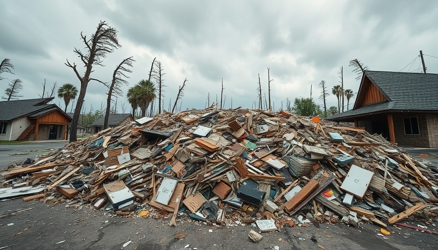 Huge pile of debris from hurricane damage under cloudy sky
