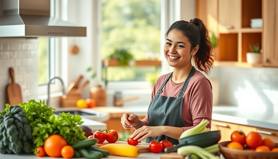 Smiling woman in kitchen with fresh greens and cookware.