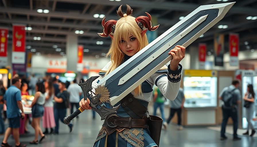 Fantasy cosplay at NYCC 2025, enthusiast posing with detailed sword.