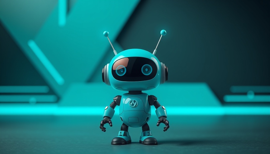 Cartoon teal robot in a futuristic abstract setting.