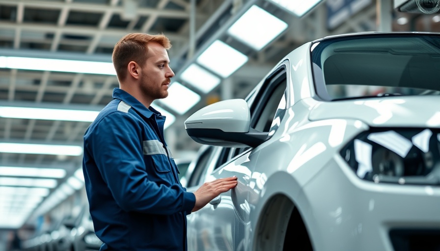 Ford truck production process in factory with worker and vehicle.