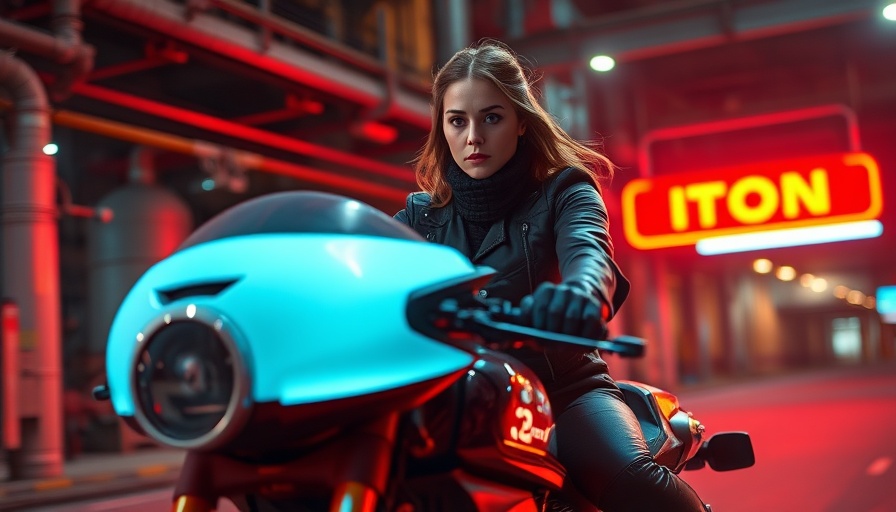 Futuristic scene woman riding neon bike in urban setting, Tron-inspired.