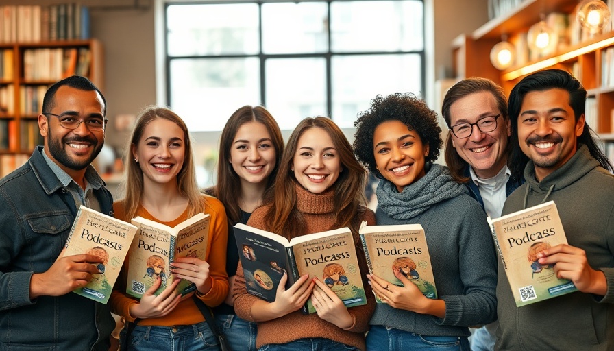 Explore podcasts with smiling group in bookstore cafe.