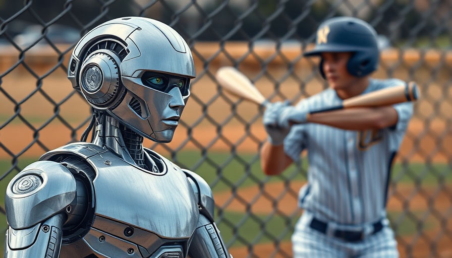 Futuristic robot and baseball player behind fence, AI impact concept.