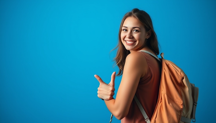 Woman with thumbs up next to one bag travel backpack, blue background.