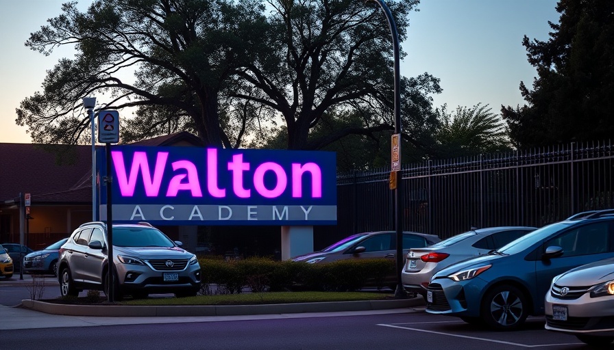Walton Academy sign with parked cars and trees in evening light.