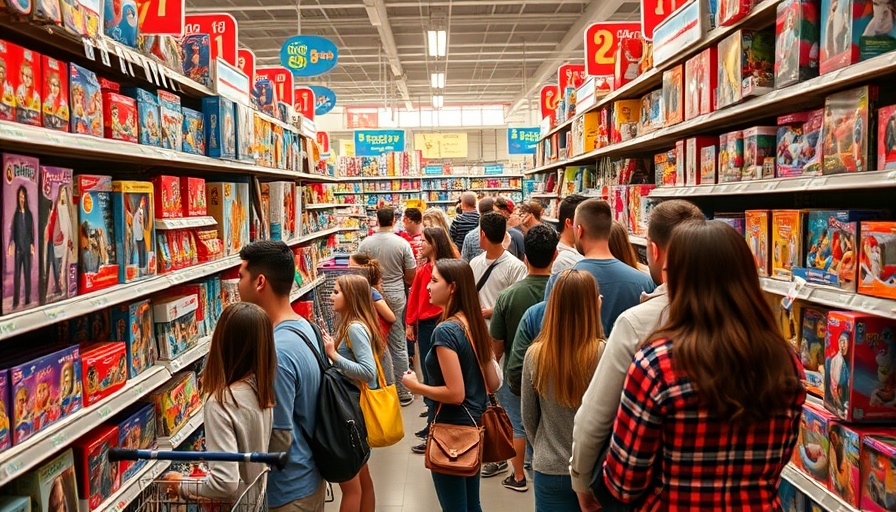 Shoppers in a busy toy aisle during holiday shopping season.