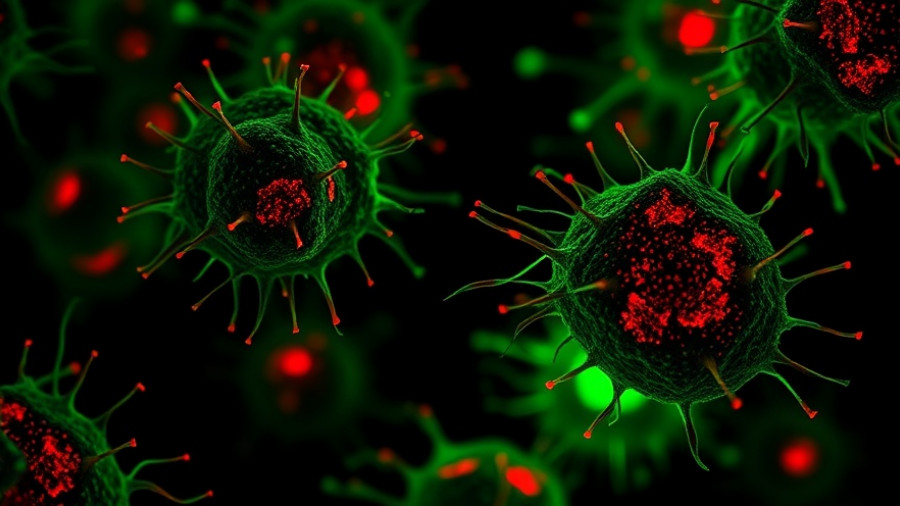 Microscopic view with green and red markers showing biological activity.