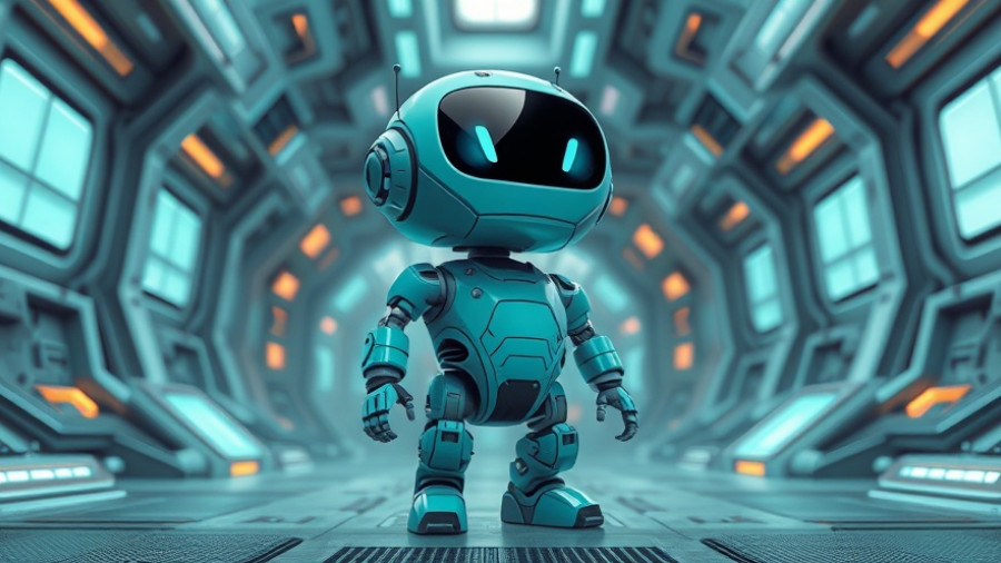 Cartoon teal robot in tech environment with abstract grid.