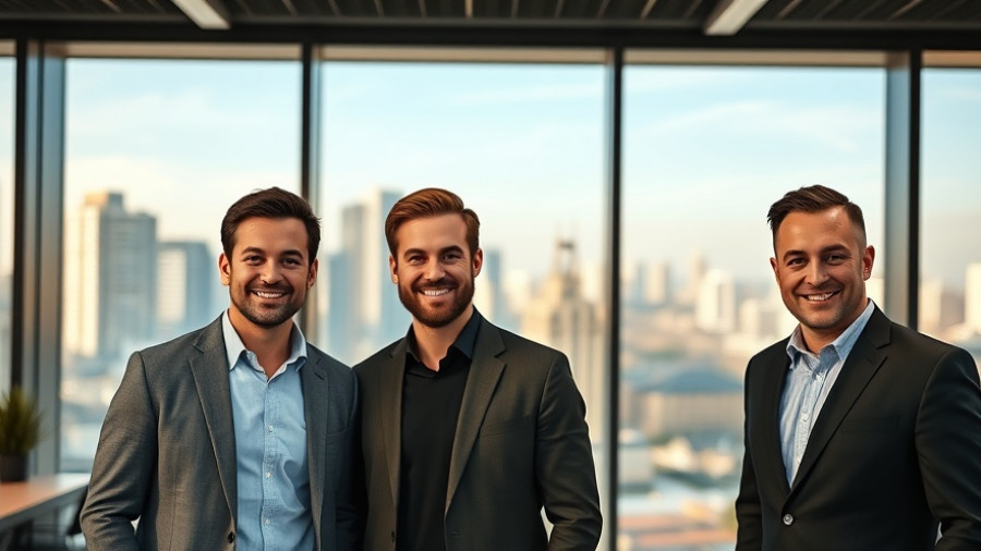Three confident men in a business setting supporting investing in teenage entrepreneurs.