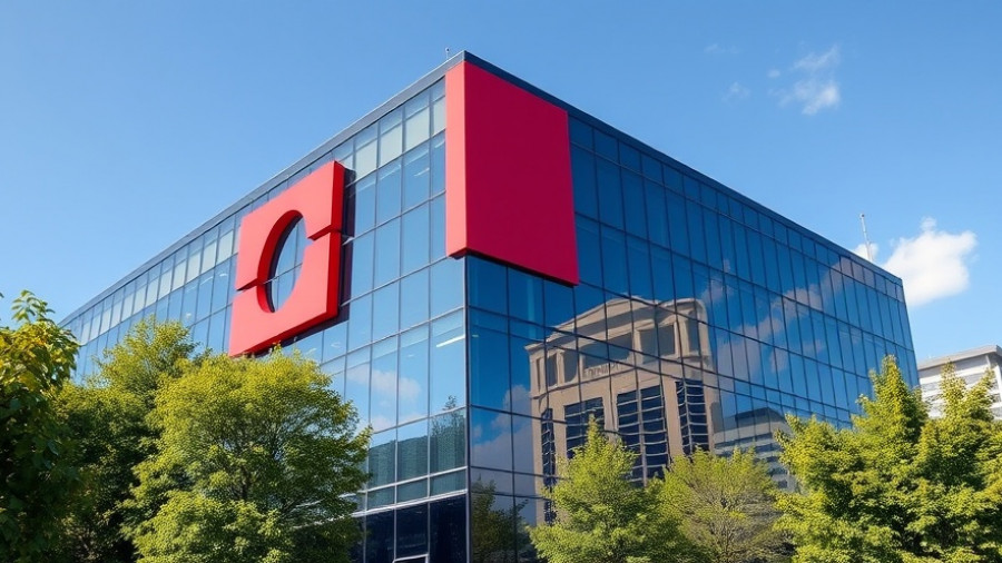 Enterprise AI news trends: Modern building with red logo and glass facade.
