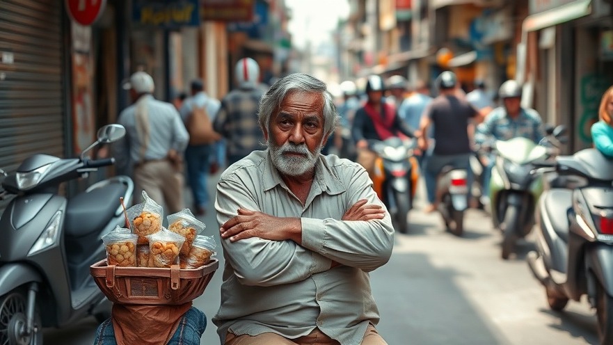 Photorealistic street vendor showing resilience while selling snacks amidst a dynamic urban scene.