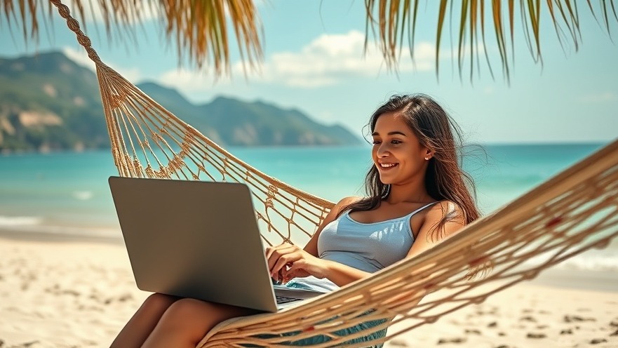 Young woman in hammock working on laptop by the beach, embodying location independent business.