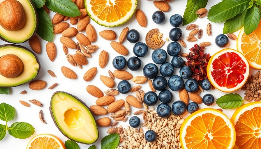 Assorted health foods including fruits and nuts for brain health.