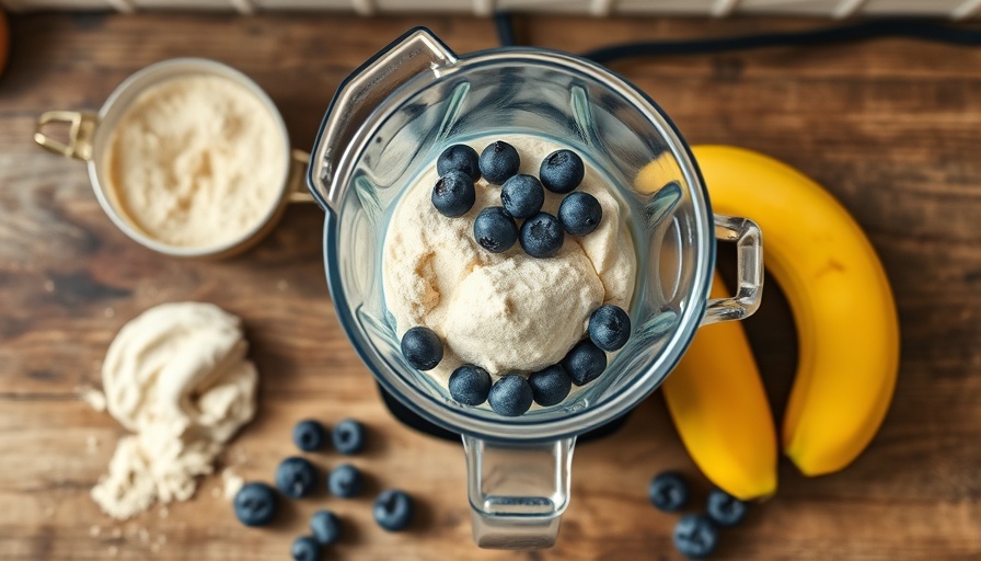 Blender with whey protein powder and fruit for metabolic health.