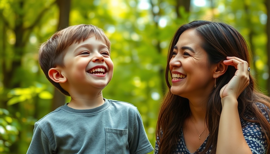 Boy and woman practicing ear movement technique for anxiety in nature.