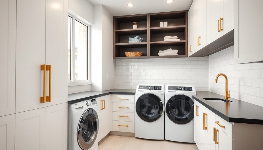 Contemporary laundry room design with white cabinets and gold accents.