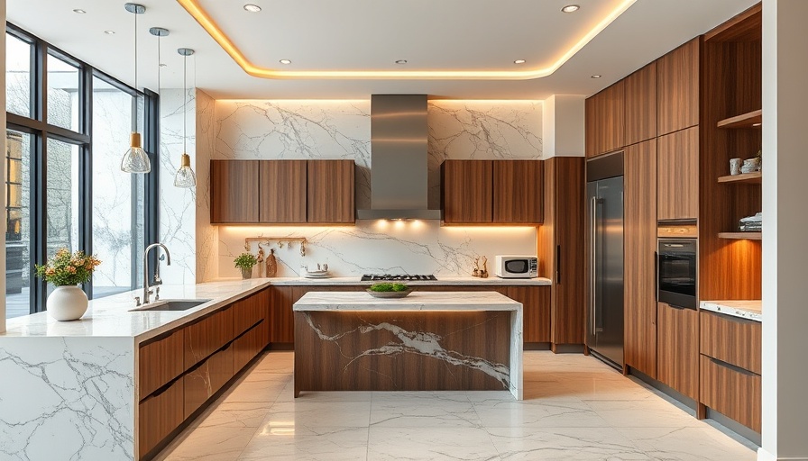 Modern luxury kitchen with smart home elements, marble and wood finishes, ambient lighting.