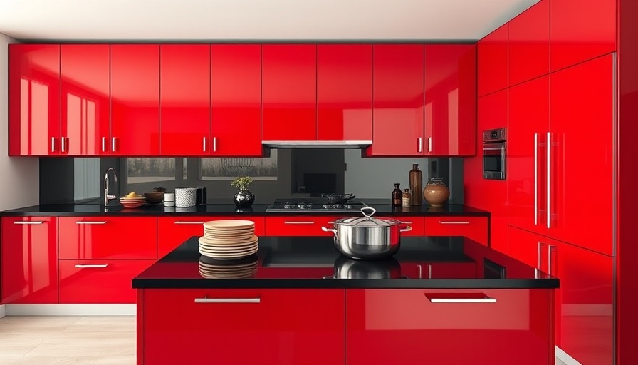 Sleek kitchen cabinets with modern metal handles on a red surface.
